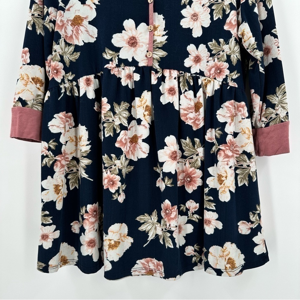 PS Kate Women’s Navy Flowy Floral Pink Trim Gathered Waist 3/4 Sleeves Top Sz Lg - Picture 4 of 8